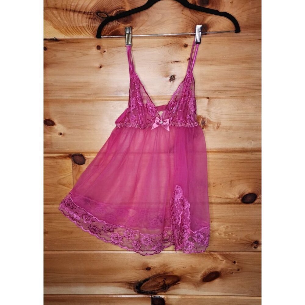 Vtg Frederick's Of Hollywood Sheer Chiffon Lace Babydoll 80s M lingerie Hot Pink